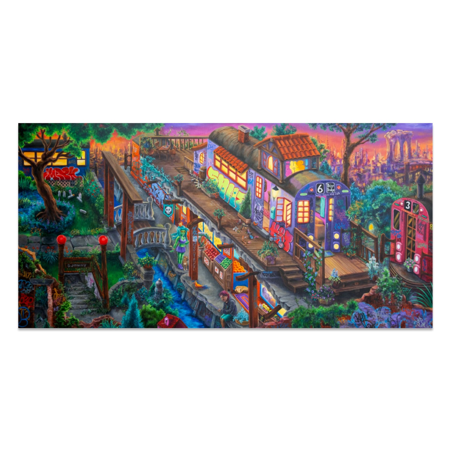 Printed canvas of artist rendition on a subway village, by NYC graffiti artist Lady Pink