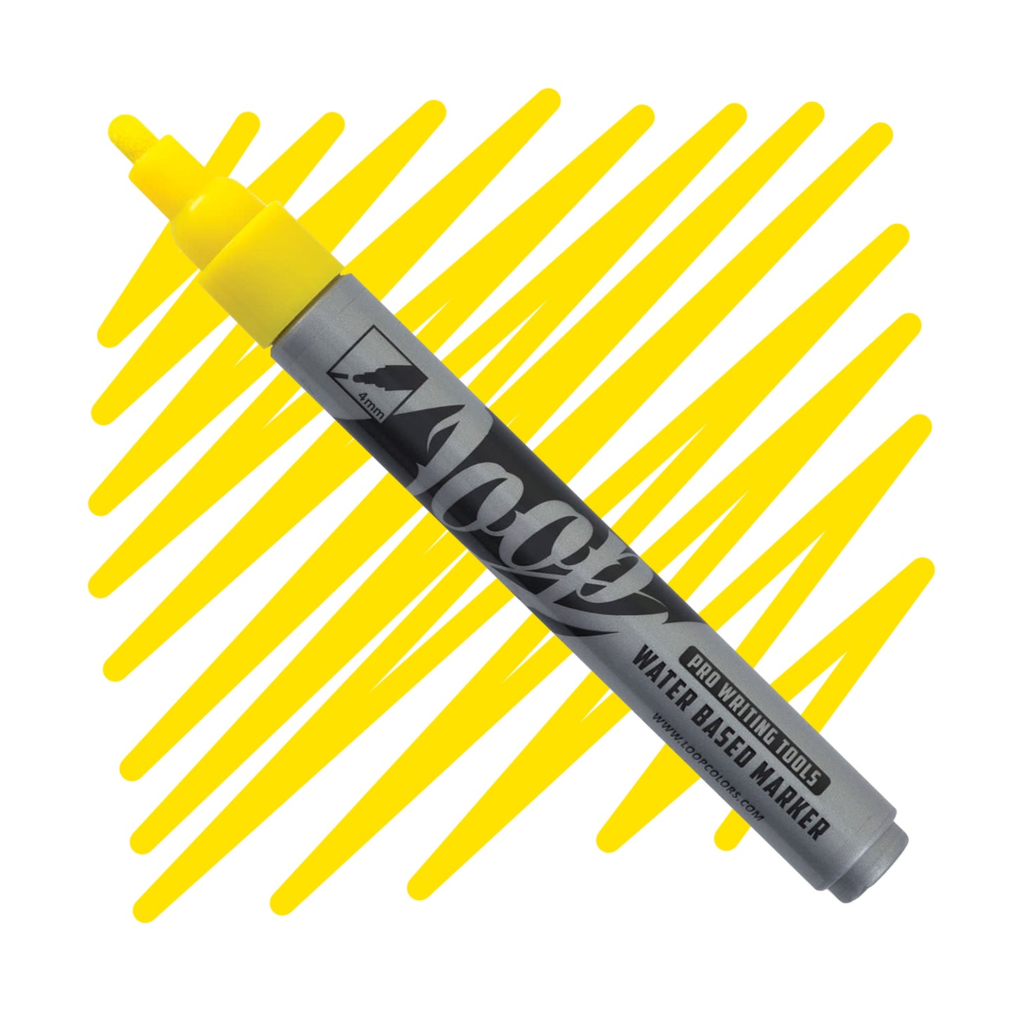 4mm round nib loop marker with a Barcelona Yellow nib ,grey body and black text over a yellow swatch.