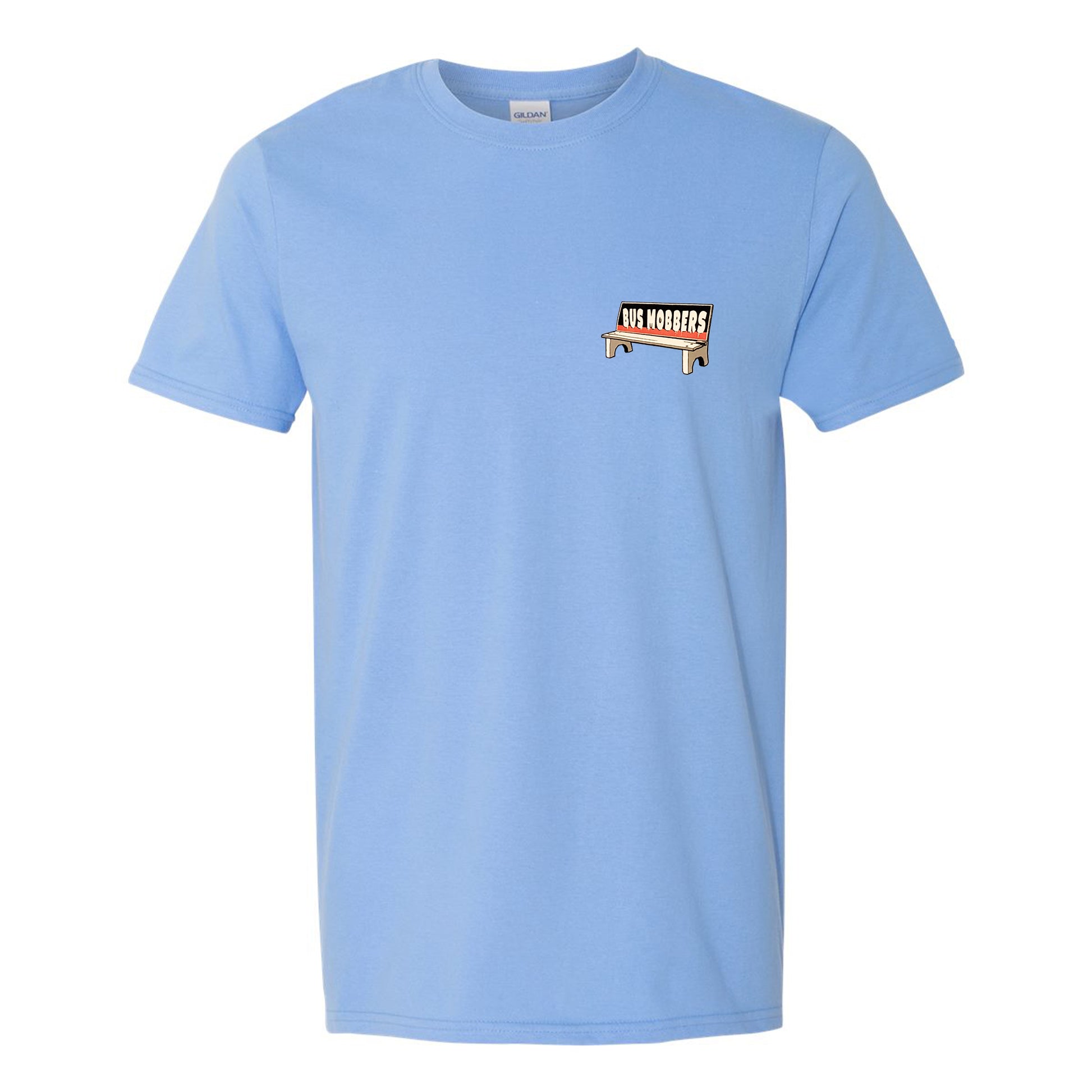 Light blue shirt with pocket print of a bus stop bench with bus mobbers written on it