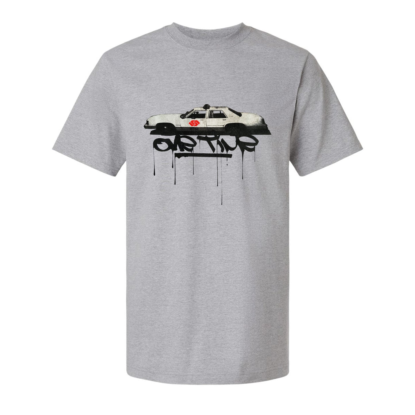 Heather grey shirt with a photo print of a police car and the ords one time underneath