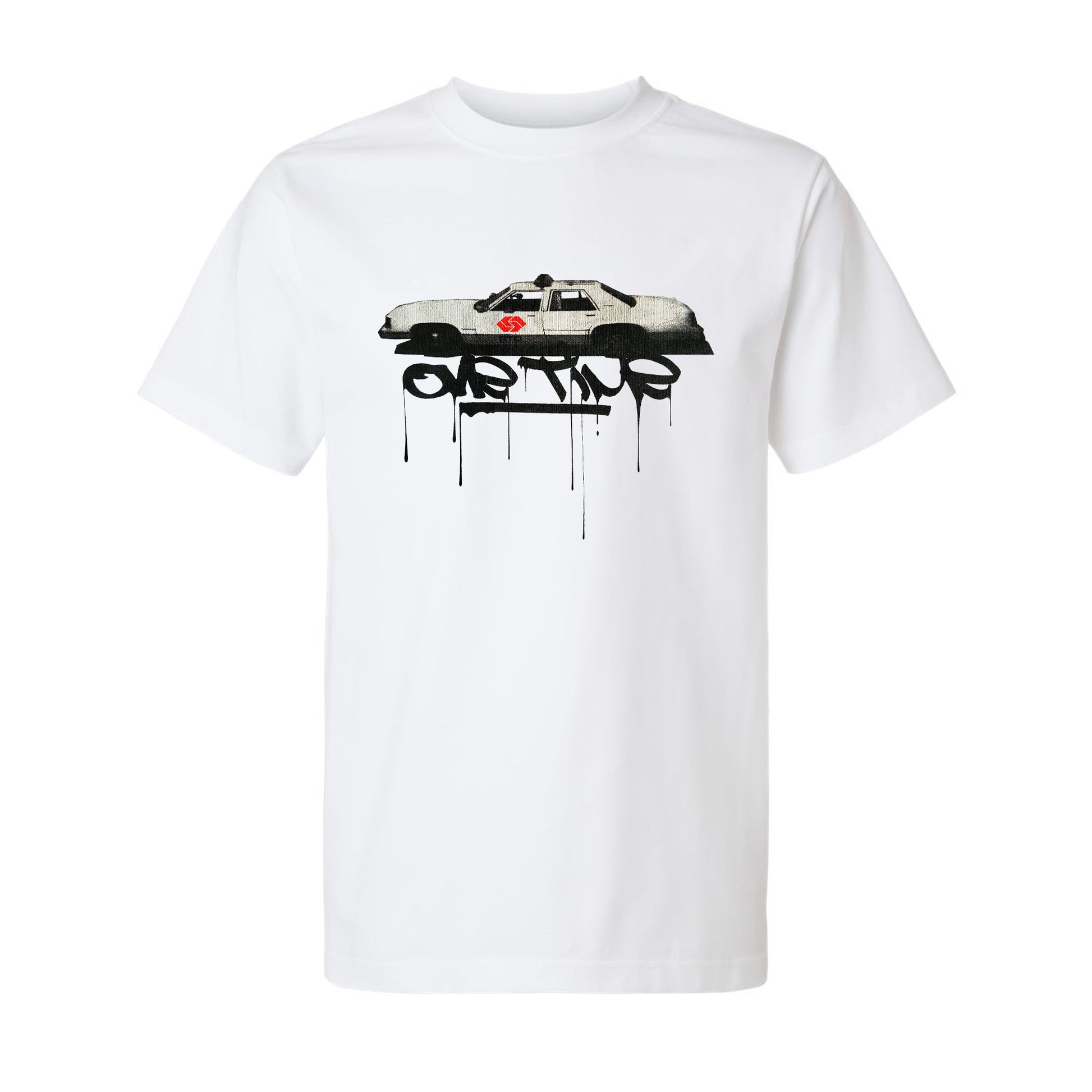 White shirt with a photo print of a police car and the ords one time underneath