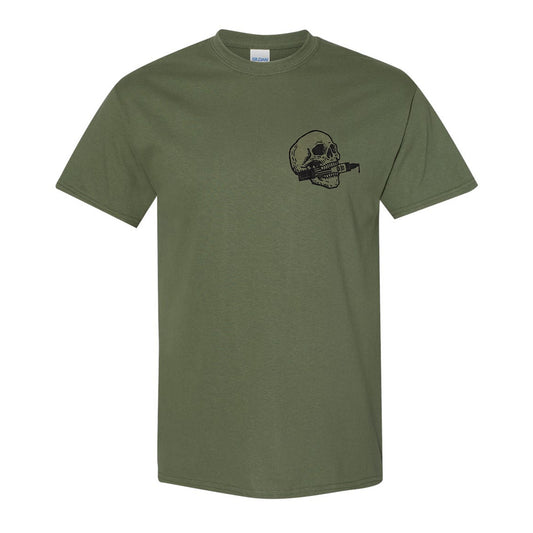 Army green shirt with black print of a skull and pilot marker