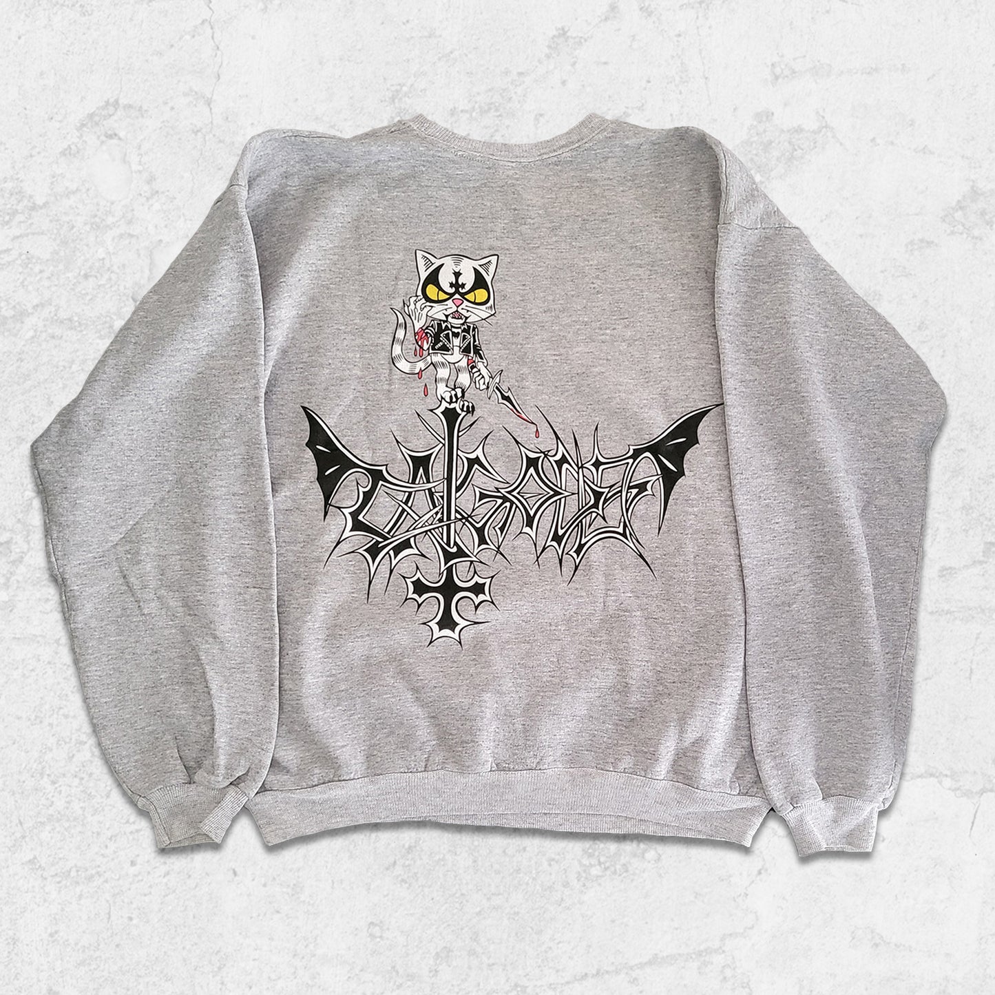 Metal graffiti art style print on grey crew neck sweater