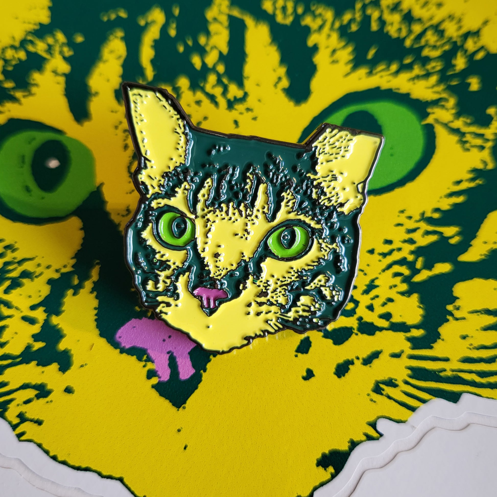 Graffiti art MEOW collectable cat stencil art enamel pin in yellow and green