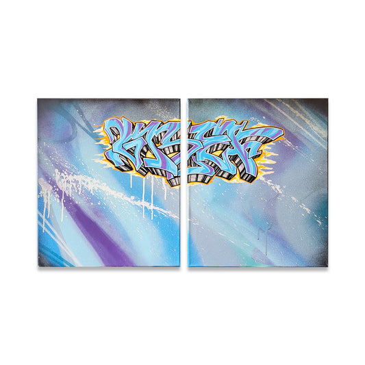 Two canvases painted purple and blue with drawing of graffiti name