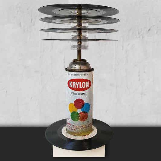 Decorative LED table lamp with 45 vinyl records and empy vintage krylon can