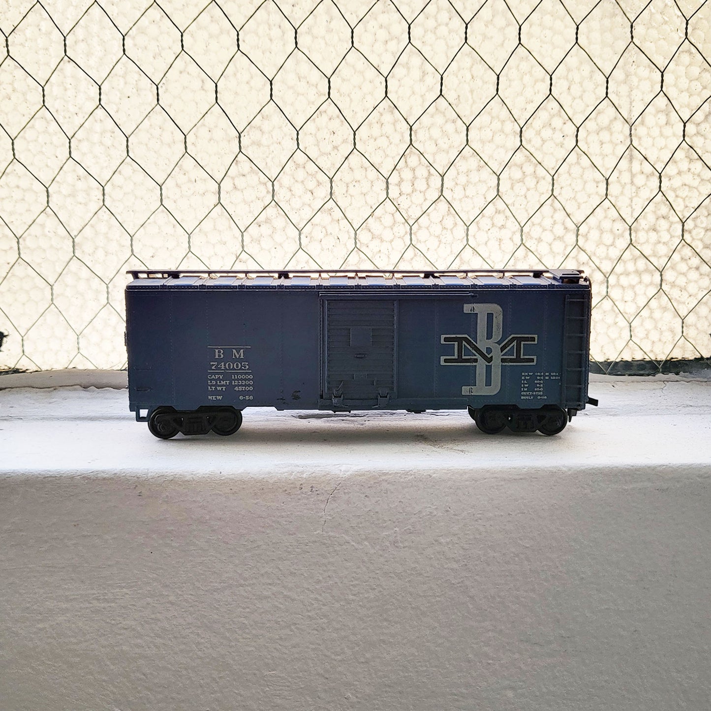 HO model toy 'BM' train boxcar for graffiti writer gifts and train enthusiasts. 