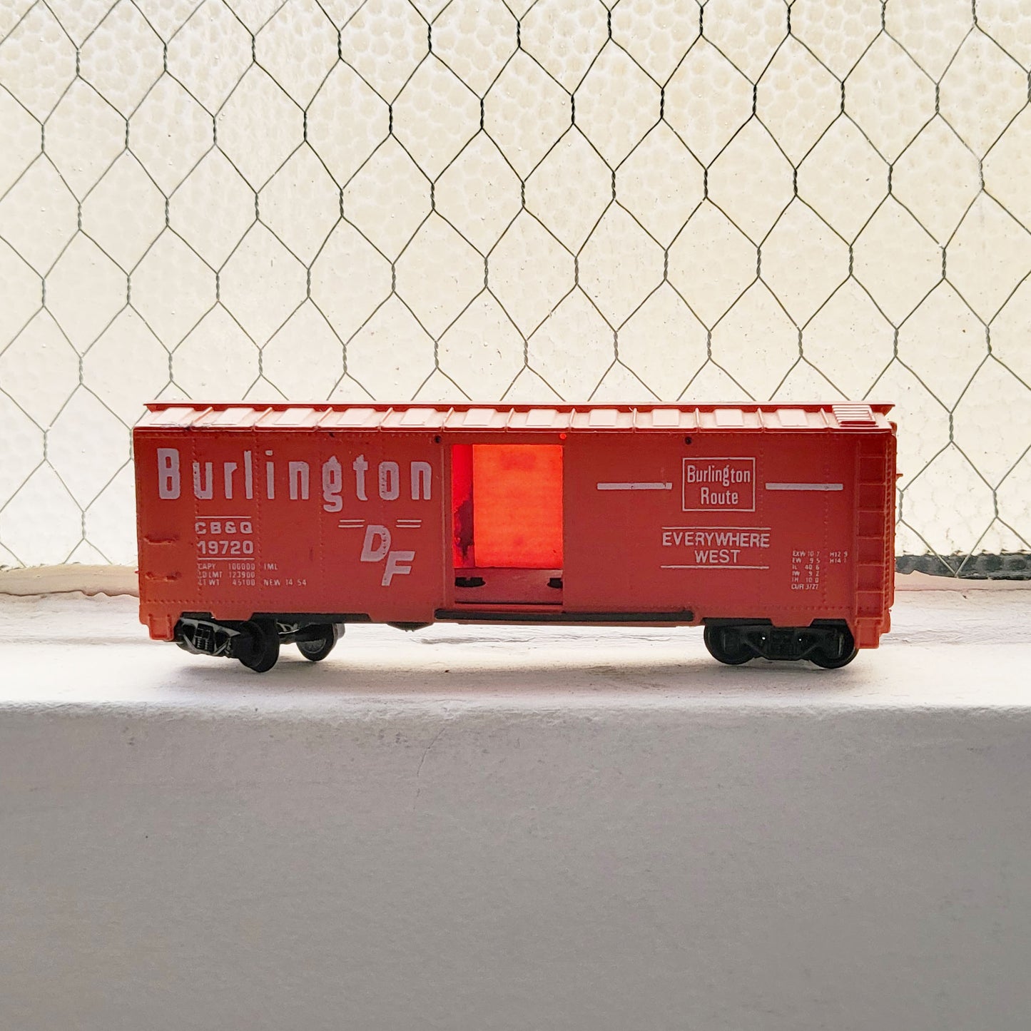 HO model toy 'Burlington DF' train boxcar for graffiti writer gifts and train enthusiasts. 