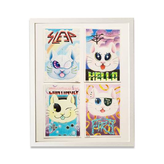 White frame with 4 pieces of paper with colored pencil drawings of cats