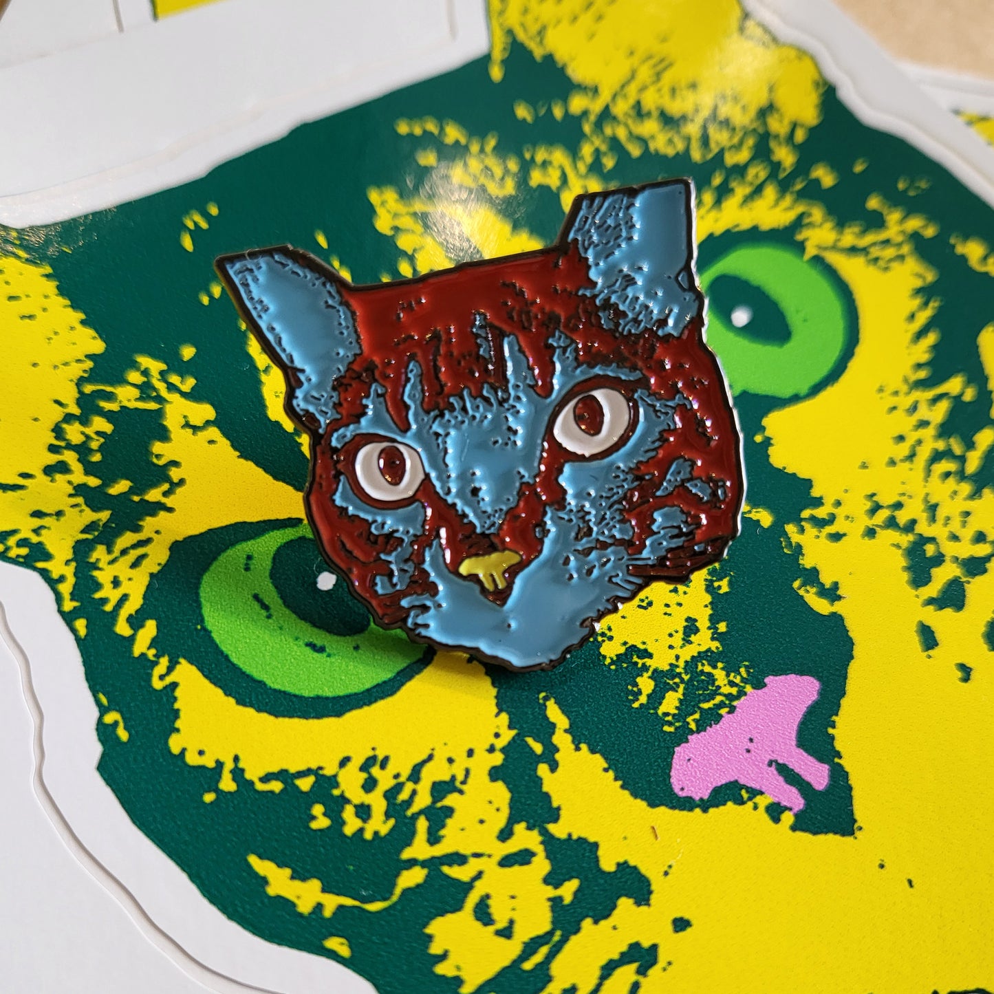 Graffiti art MEOW collectable cat stencil art enamel pin in blue and red