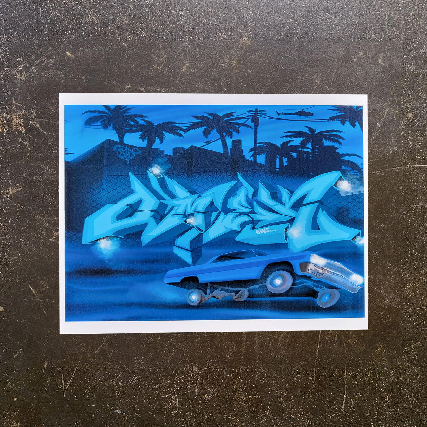 Laser printed graffiti art print of a Lowrider.