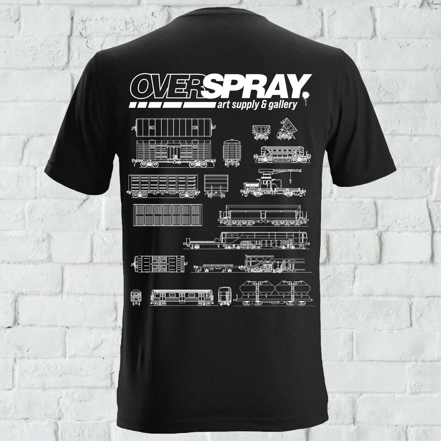 Overspray branded boxcar design T-shirt back in black.