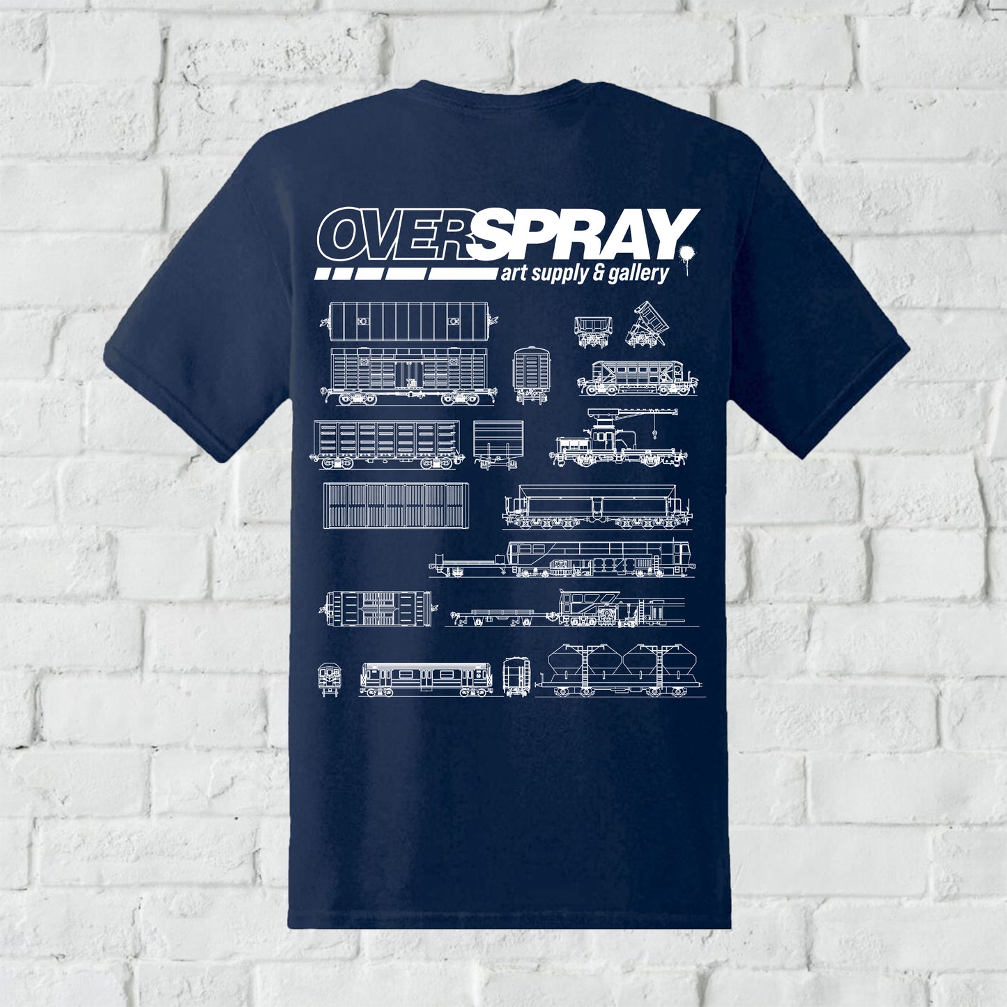 Overspray branded boxcar design T-shirt back in navy.