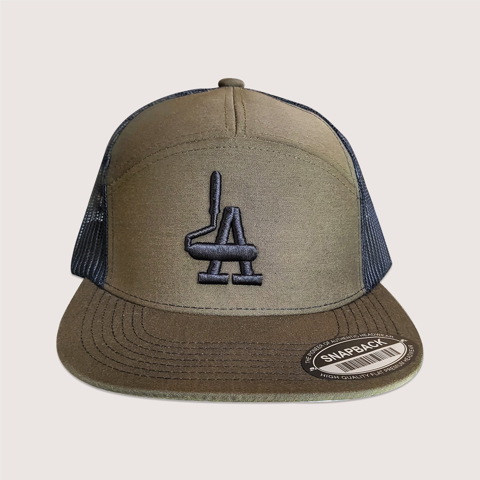 Phatcaps graffiti brand paint roller LA 7 panel trucker cap in olive green.