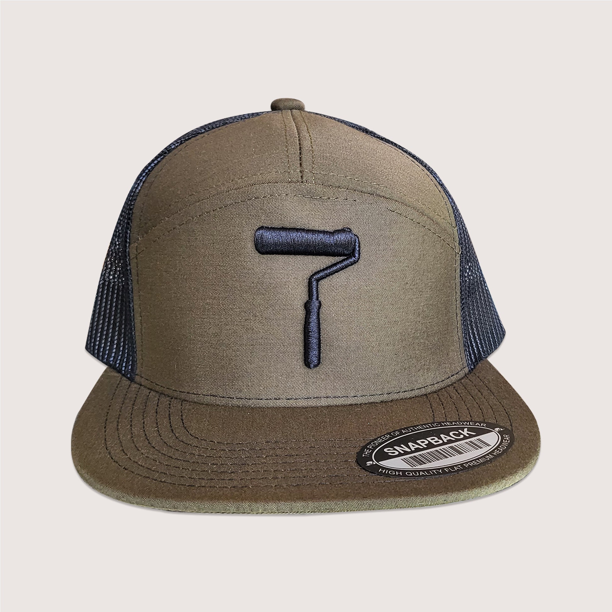 Phatcaps graffiti brand paint roller 7 panel trucker cap in olive green.