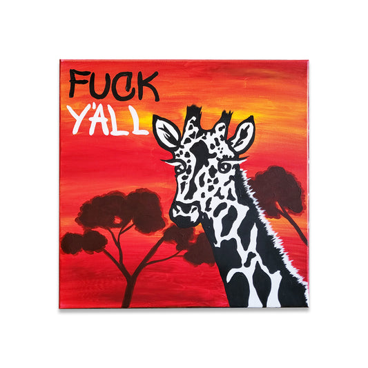 Red and orange painting of a black and white giraffe in the trees