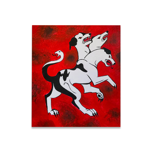 Red painting of black and white ceberus dog 