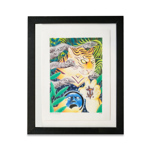 Black framed drawing of a tiger in the jungle 