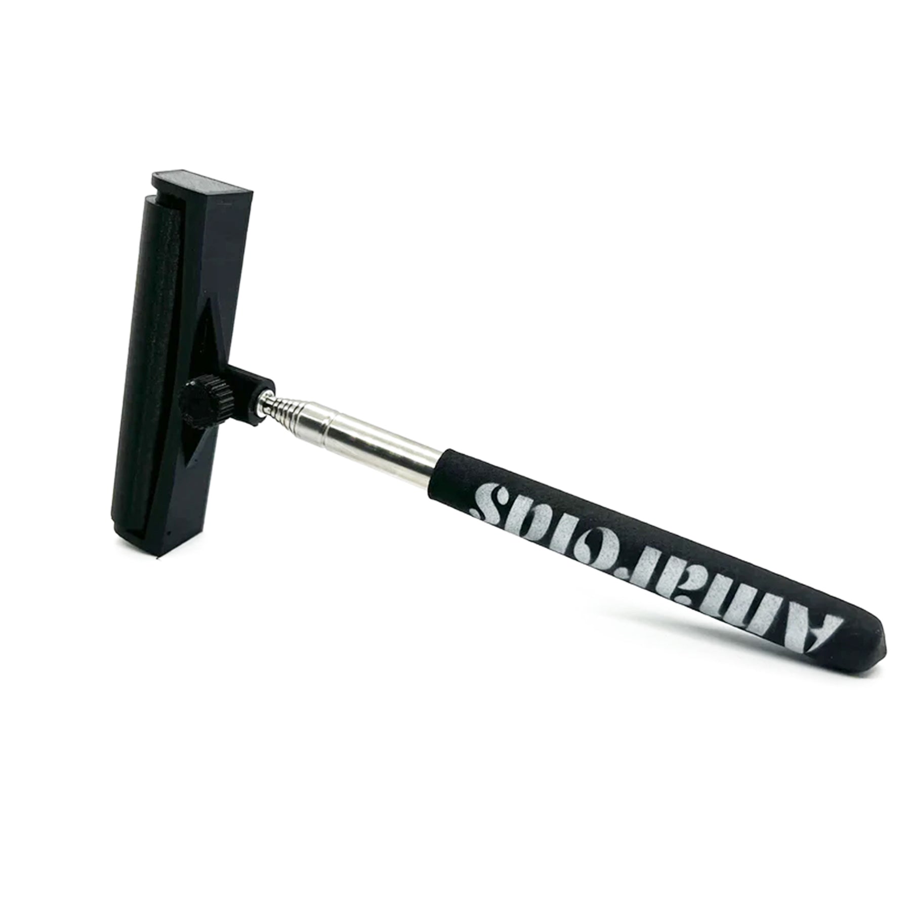 Metal, retractable pole with a black handle at the bottom reading "Amaroids" and a black, rolling bar at the top and turning nob