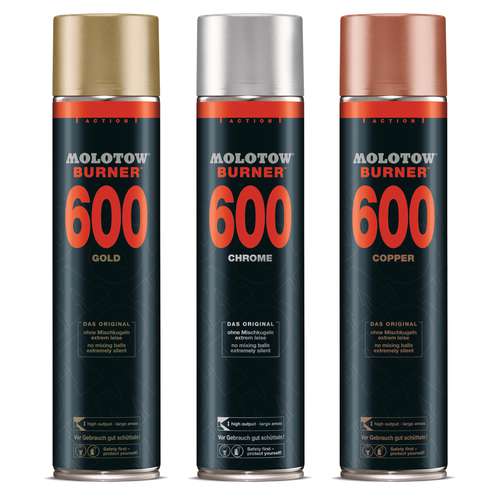 Molotow Burner 600ml spray paint cans in Silver, copper and gold metallic